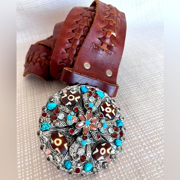 Vintage 80s 90s Leather Statement Belt Silver Rhinestone Boho Western Buckle - Picture 8 of 15